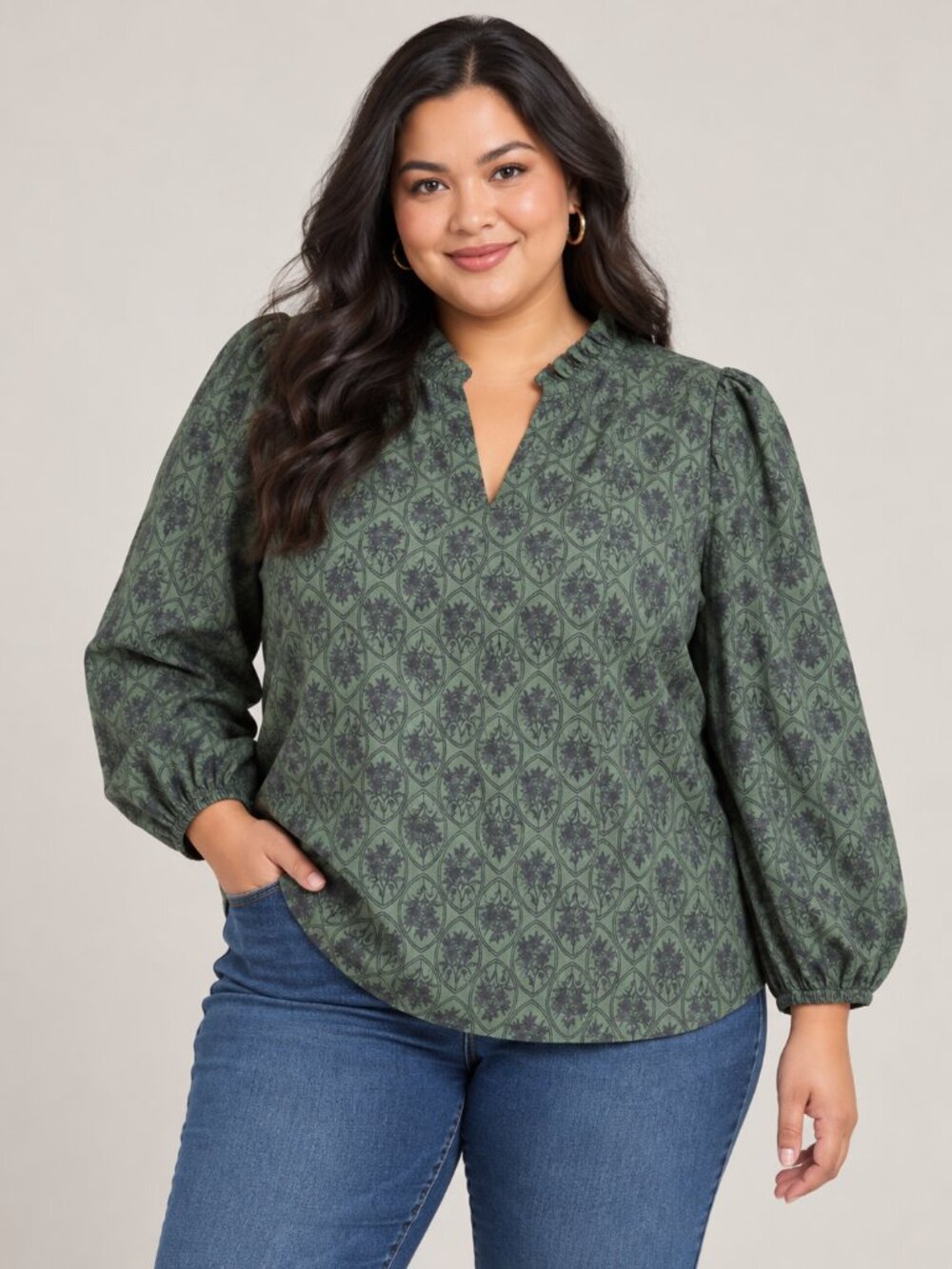 Sugarlips Olive Green Floral Print Top 1X NWT